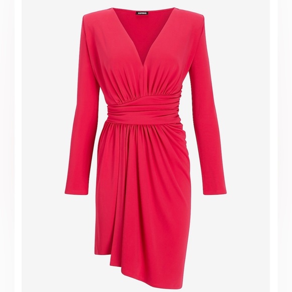 Express Draped V-Neck Strong Shoulder Mini Dress Flamingo Pink XXSP - Picture 7 of 11